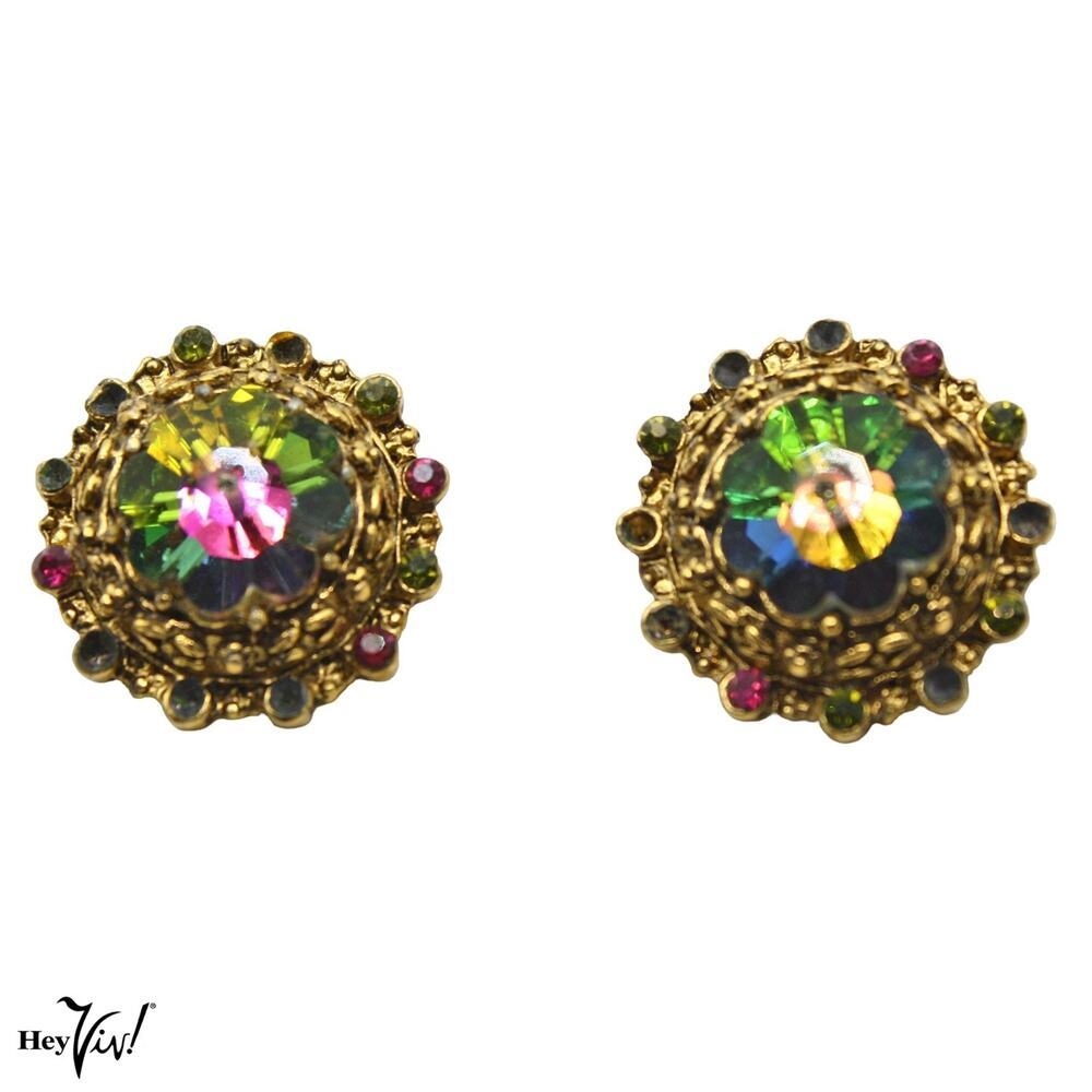 Vintage Aurora Borealis Rhinestone Clip-On Earrings Gold Tone 1" Round - Hey Viv